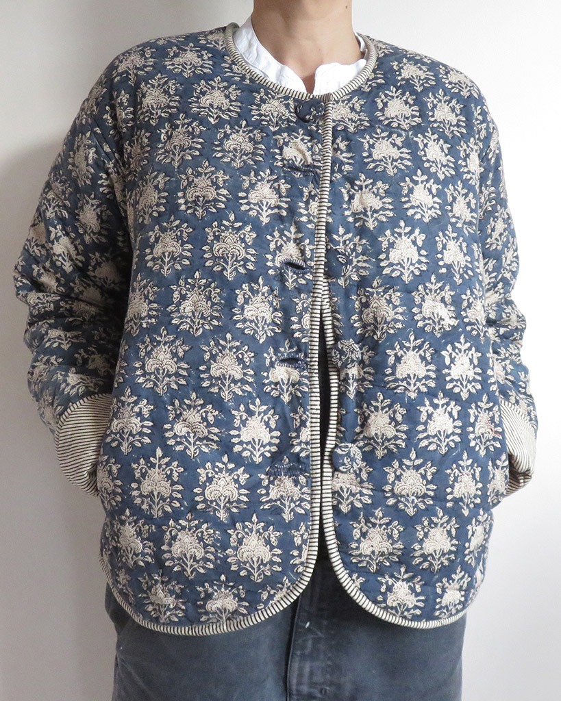 block print quilted cotton jacket blue