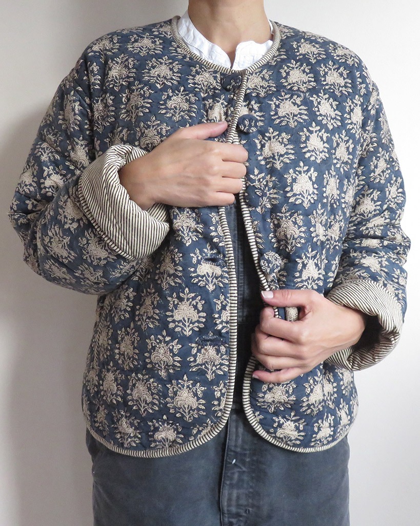 block print quilted cotton jacket blue