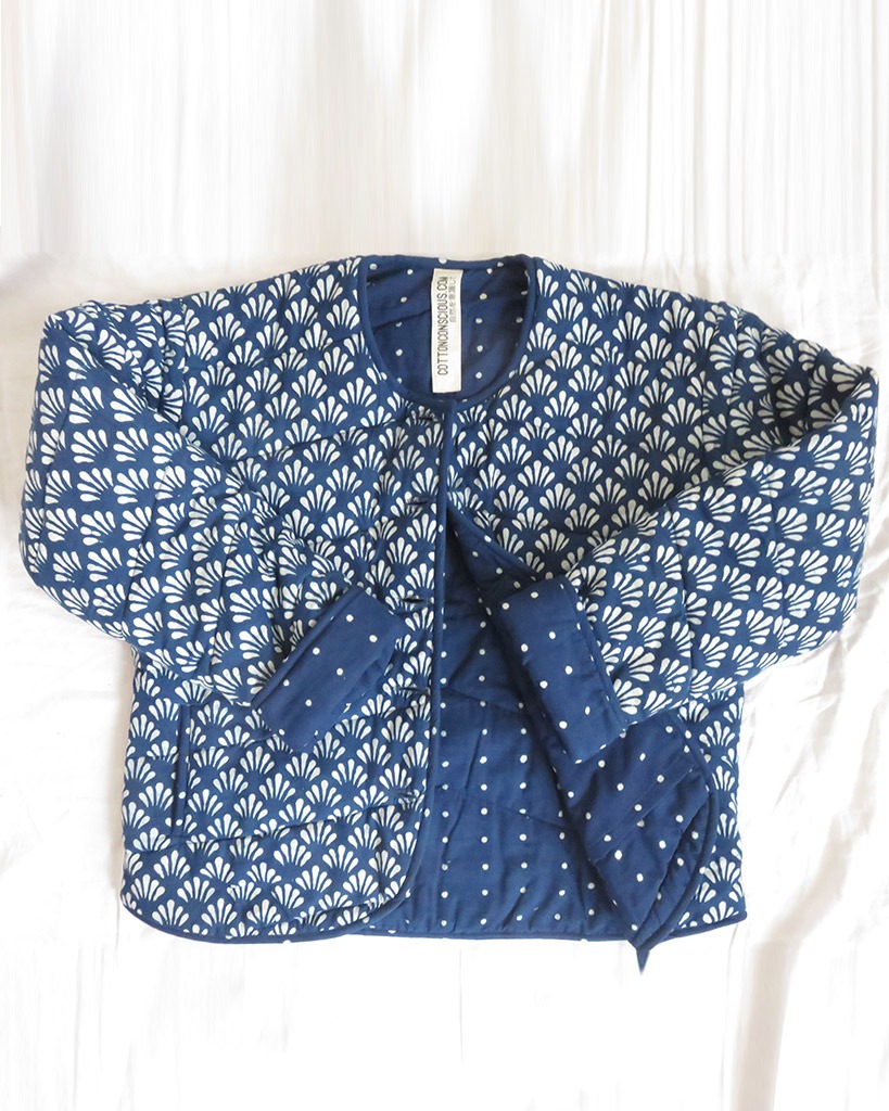 block print quilted cotton jacket indigo