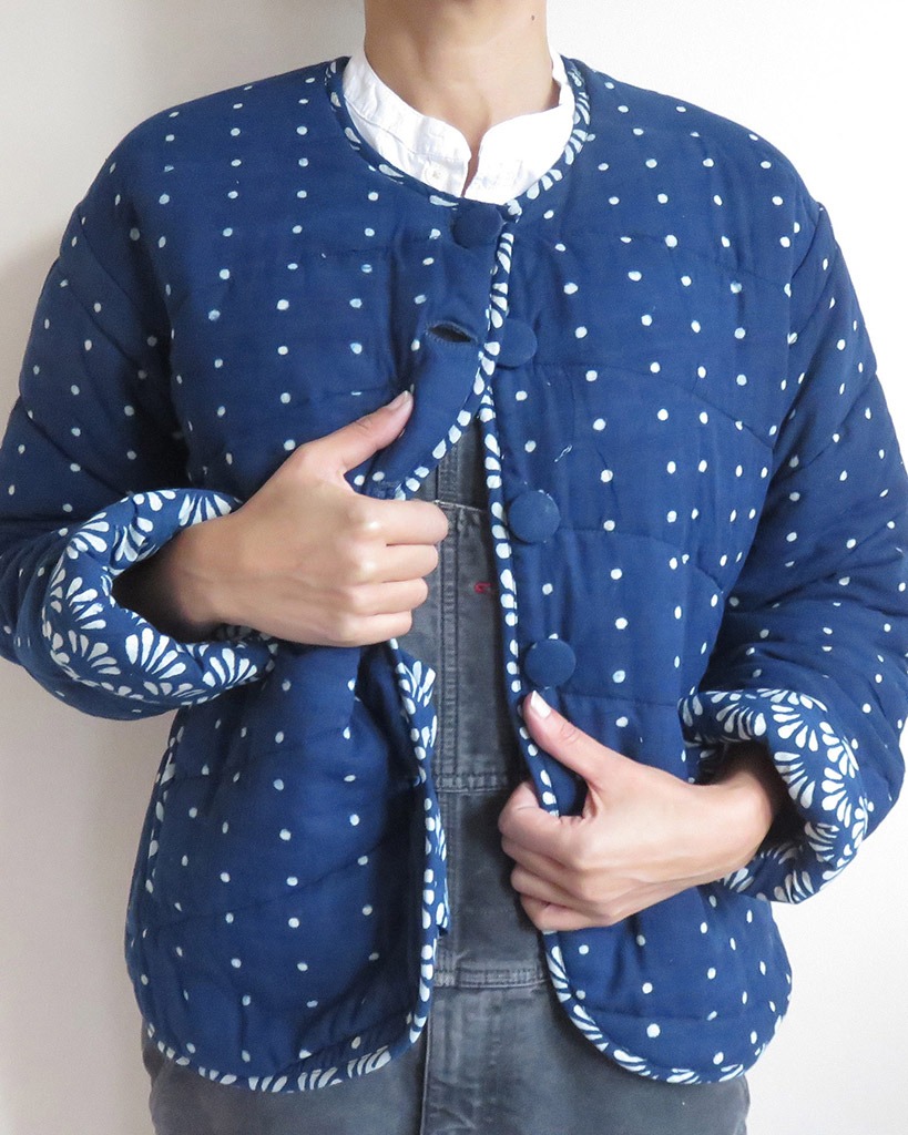 block print quilted cotton jacket polkadot