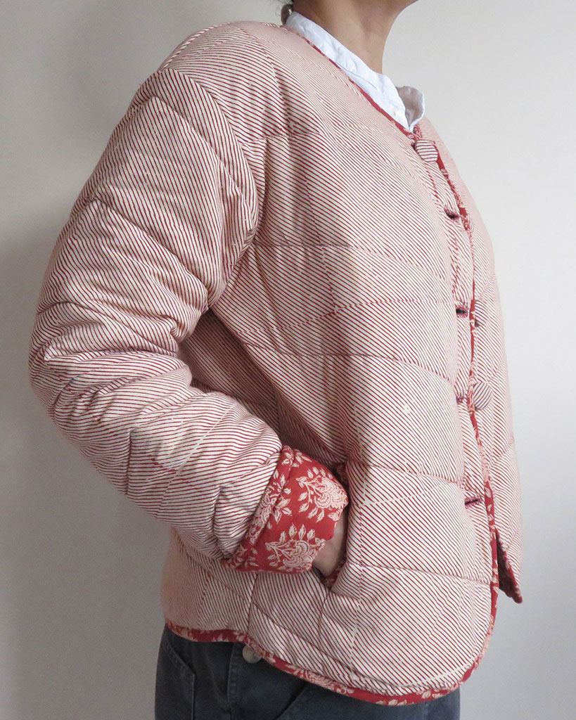 block print quilted cotton jacket red stripe