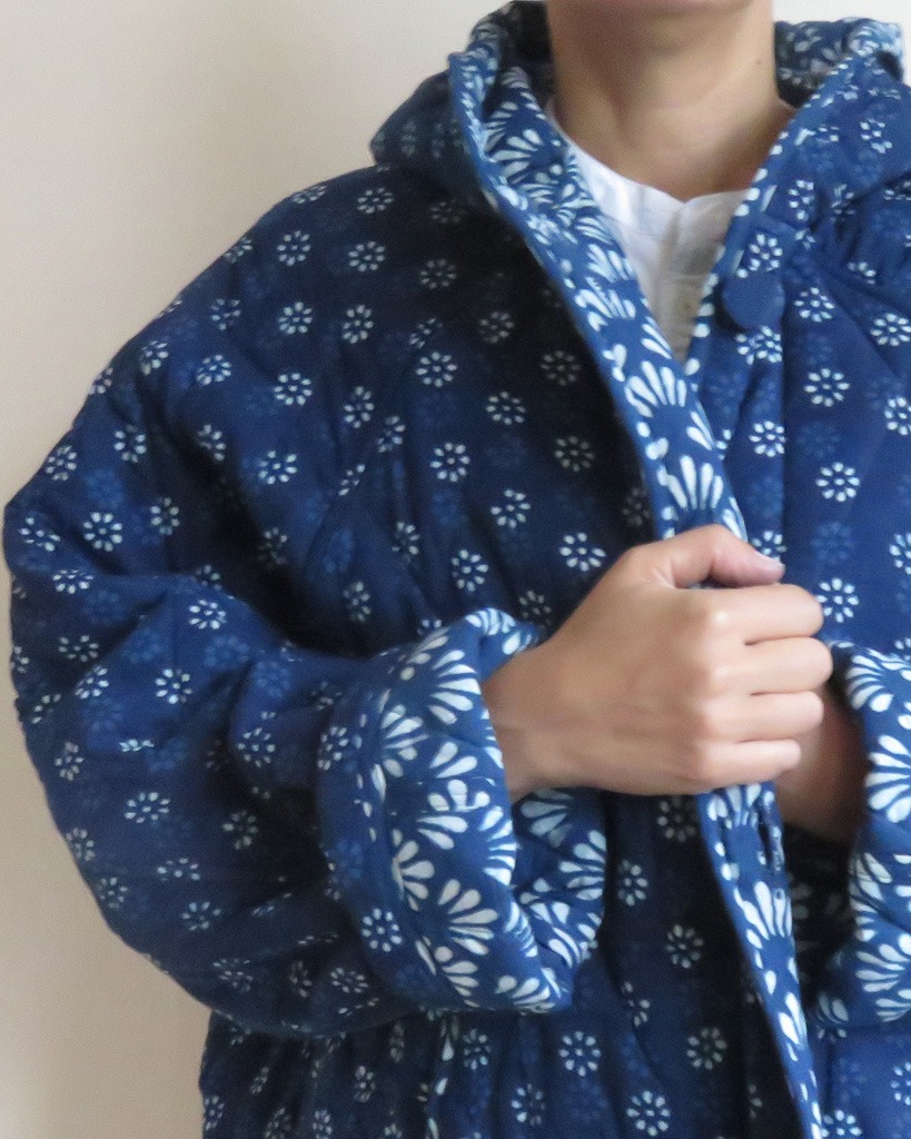 organic quilted block printed cotton coat JAPANESE INDIGO