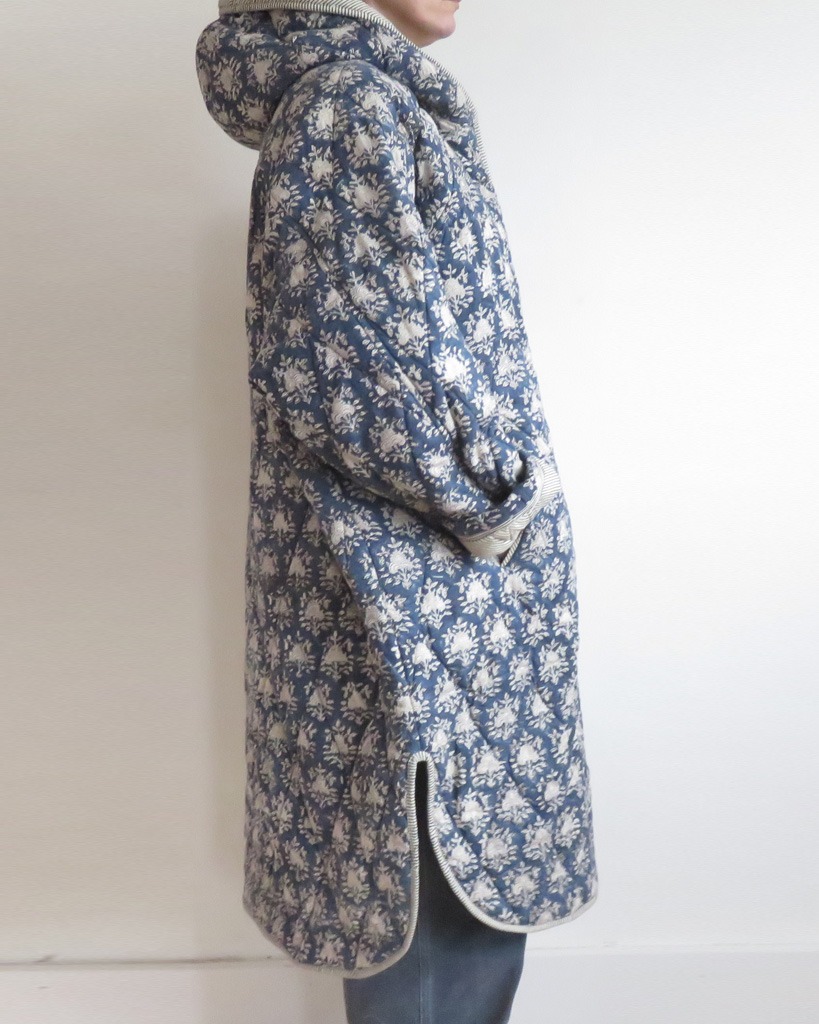 organic quilted block printed cotton coat flowers