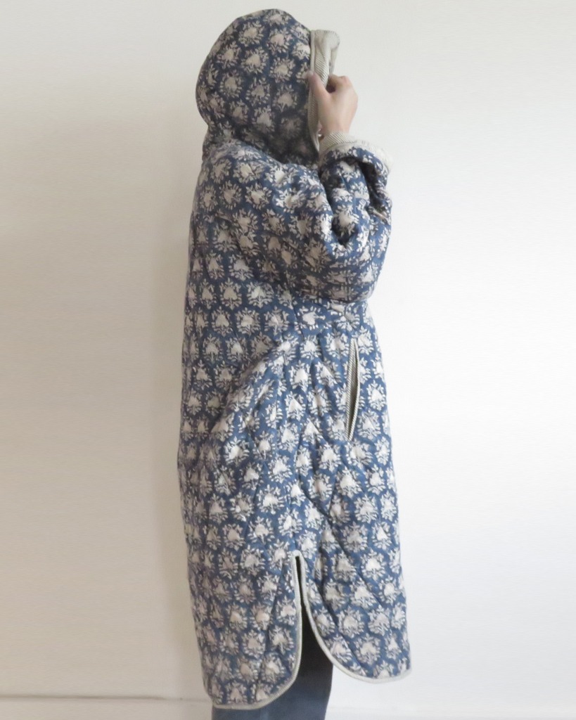 organic quilted block printed cotton coat flowers