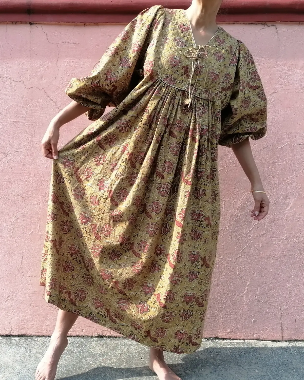 handwoven organic cotton quilted dress reversible tie front pink floral print ochre