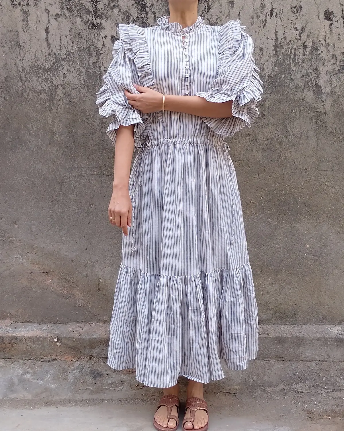 blue white striped ruffle puff sleeve maxi dress front model result