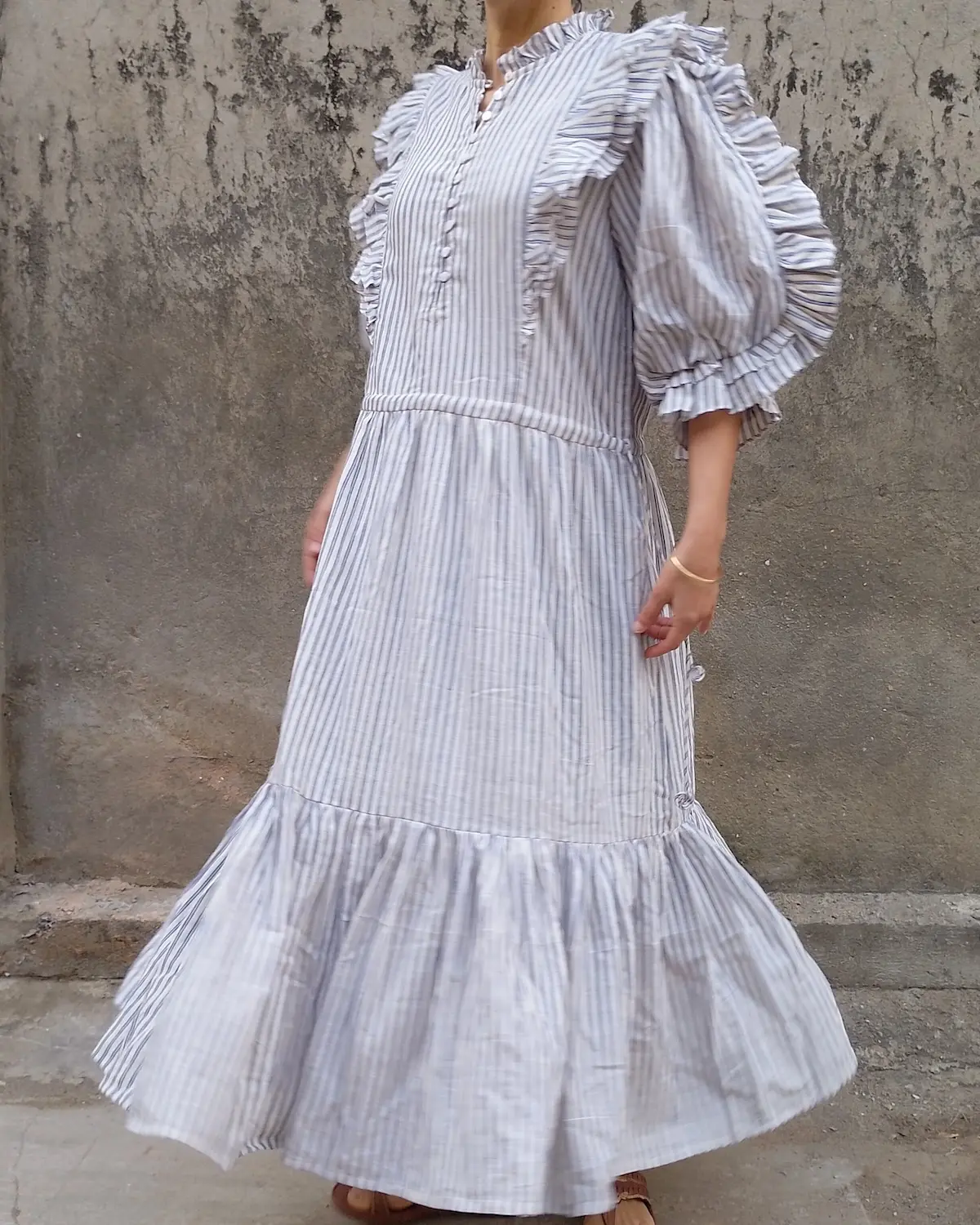 blue white striped ruffle puff sleeve maxi dress long view result