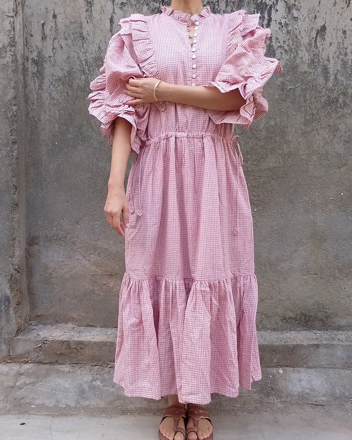 crimson red gingham cotton frill maxi dress frill