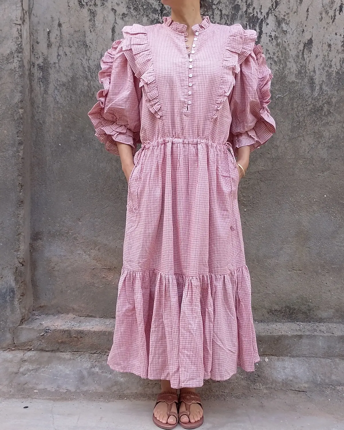 crimson red gingham cotton frill maxi dress front view