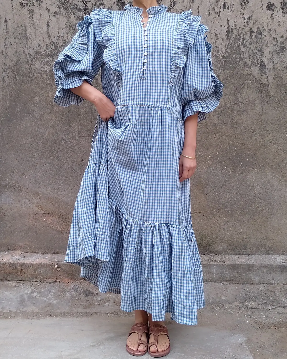 handwoven blue gingham cotton maxi dress MODEL POSE result