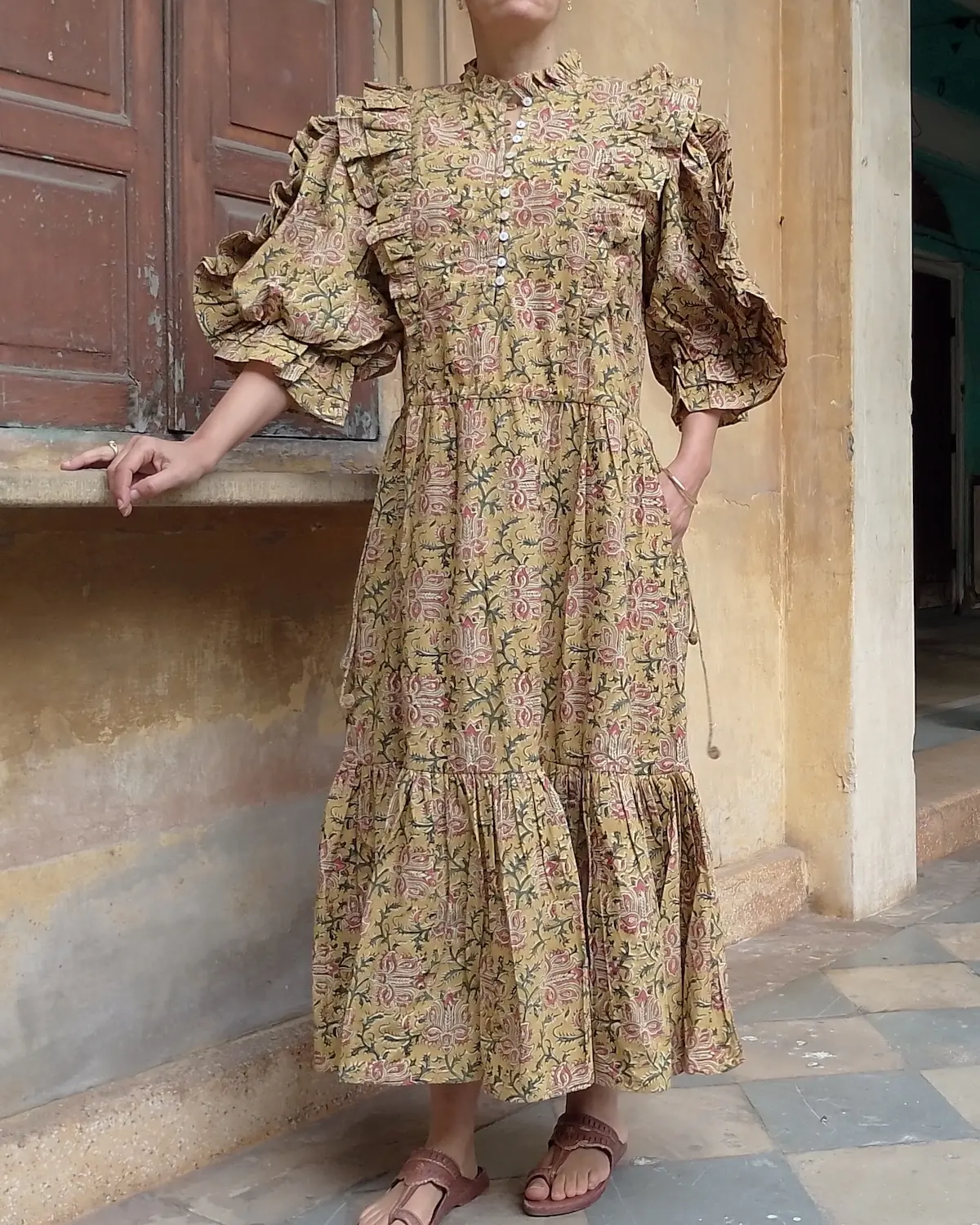 ochre hand block printed cotton maxi dress frill sleeve result