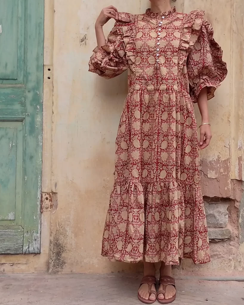 red floral hand block printed cotton maxi dress model result
