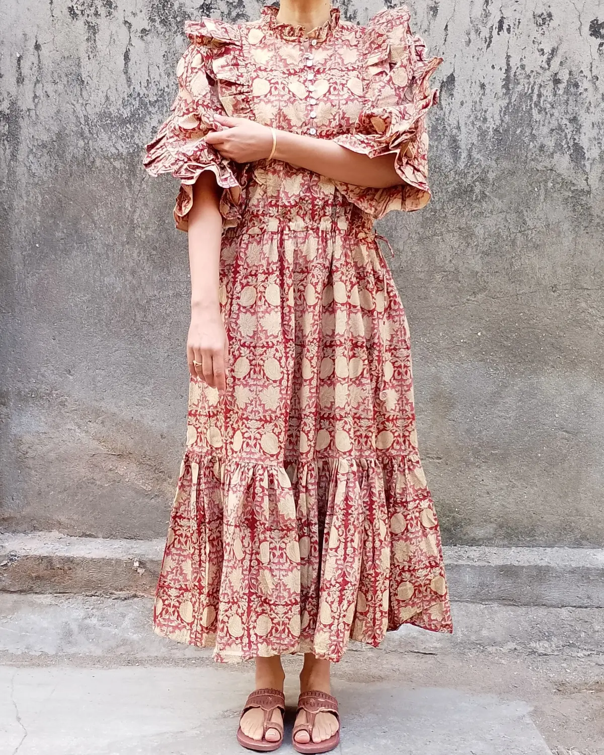 red floral hand block printed cotton maxi dress puff sleeve result