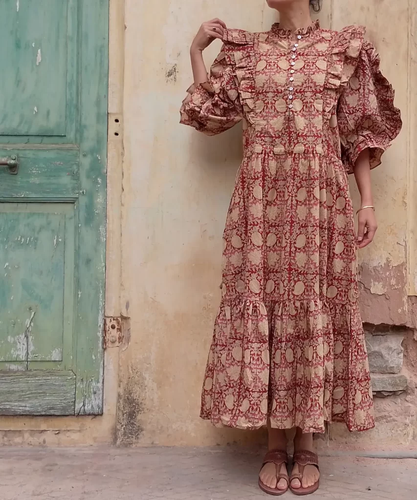 red floral block printed cotton frill dress women