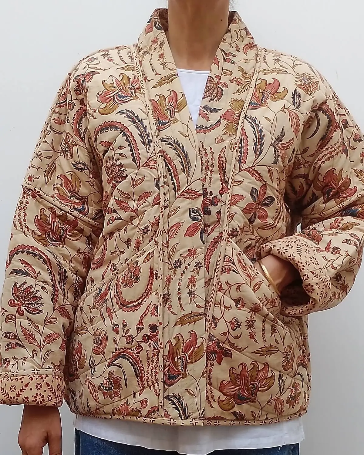 reversible organic quilted kimono jacket handcrafted block print open front