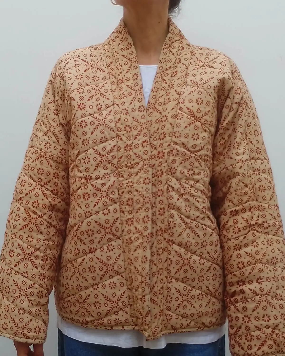 reversible organic quilted kimono jacket hand block print geomoetric motifs in red pink