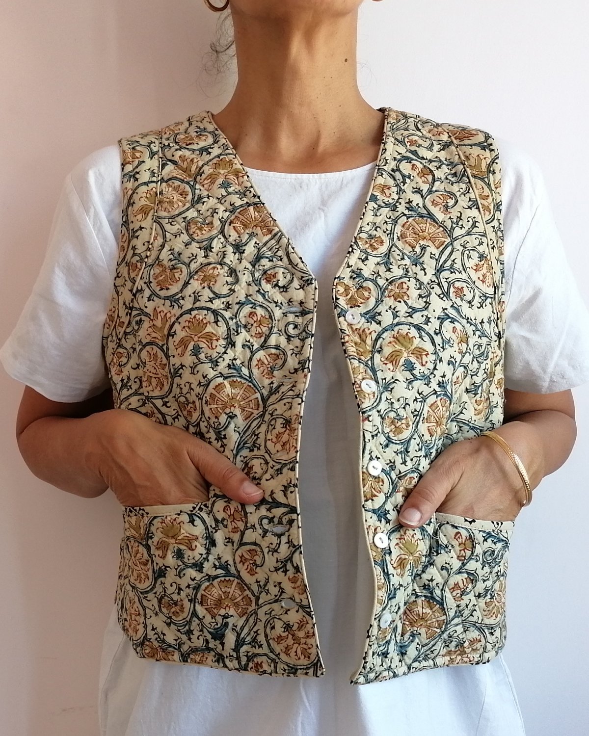 reversible quilted waistcoat organic cotton block print on model