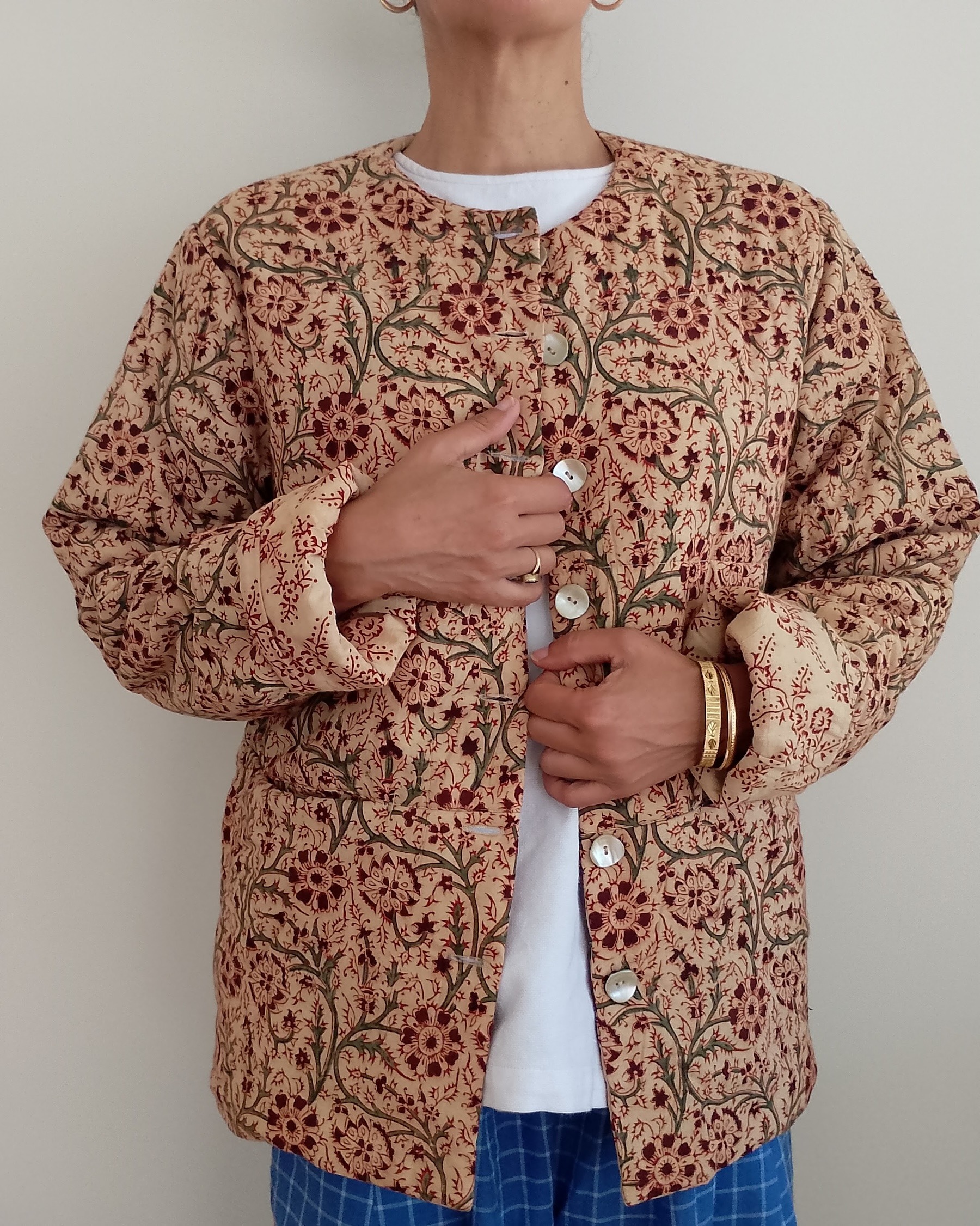 block print quilted jacket with pockets