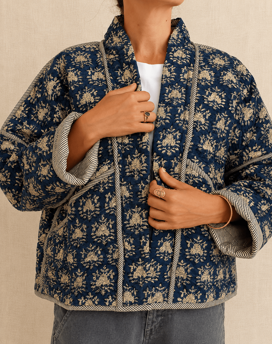reversible organic cotton jacket quilted indigo blue flower block print