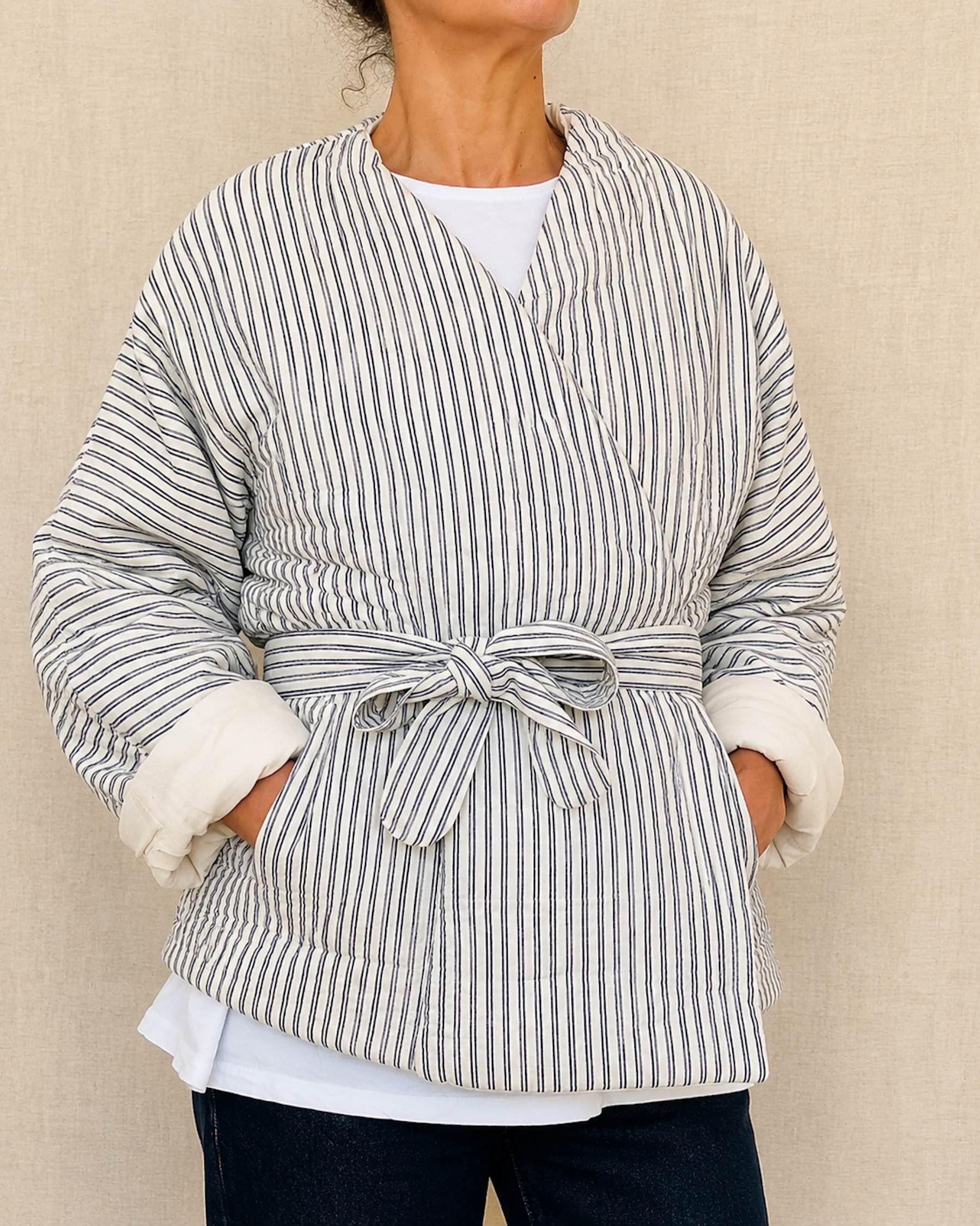 ticking stripe wrap jacket with pockets