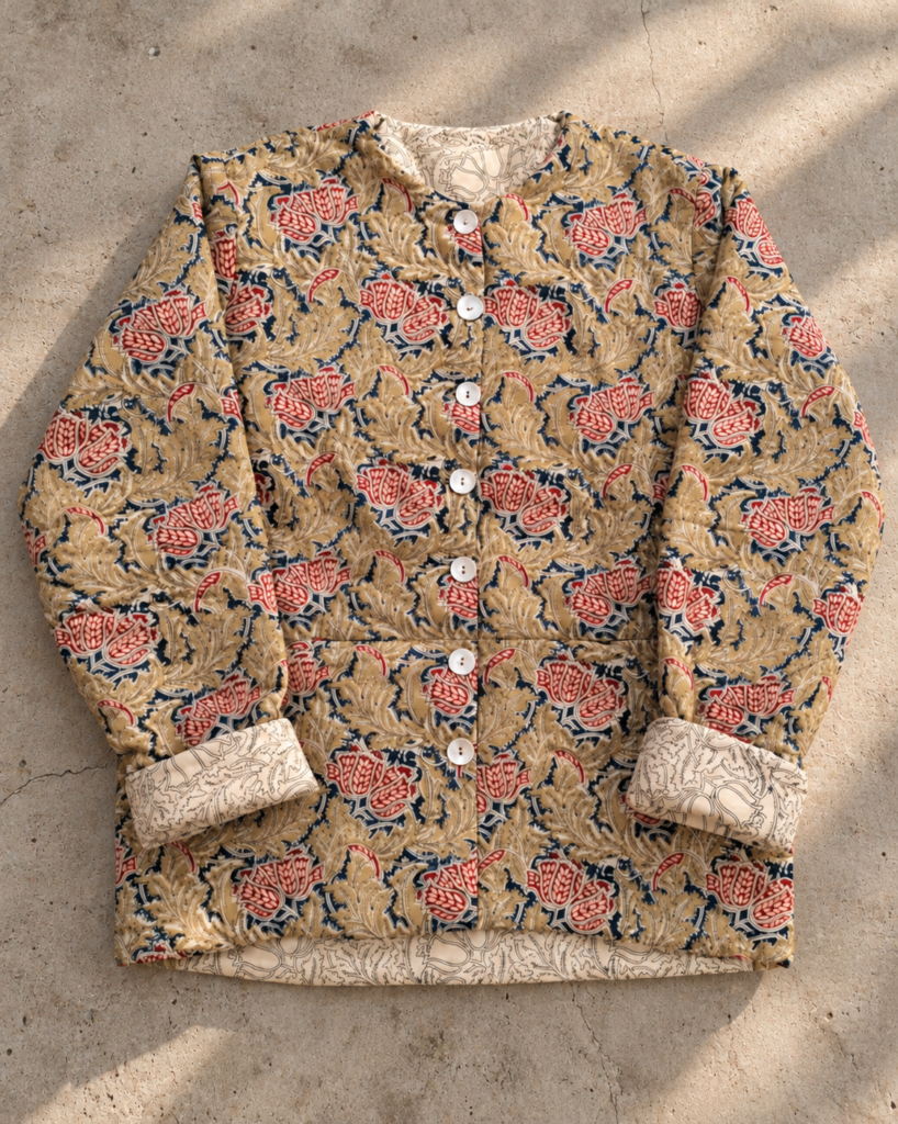 Organic cotton floral quilted jacket handmade in Rishikesh, India, featuring a traditional Indian block print and contrasting cuffs.